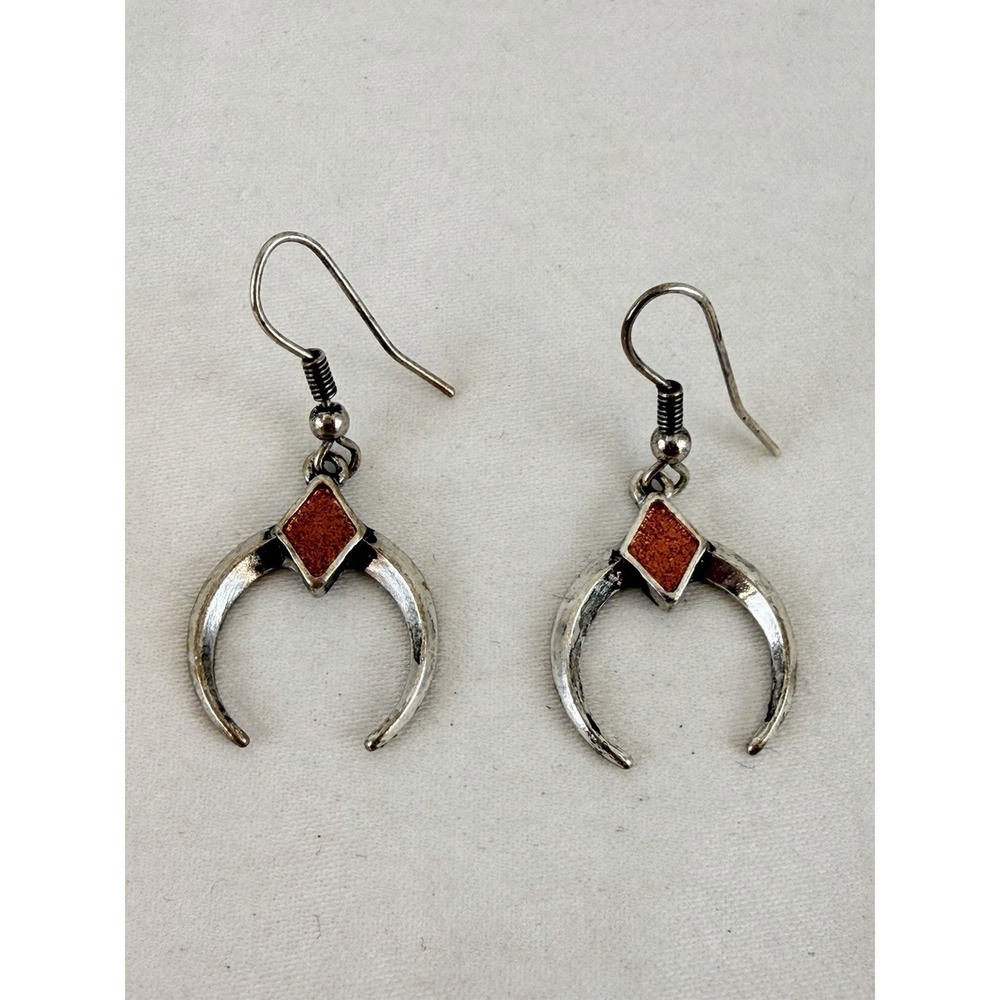 Boho Western Crescent Naja Dangle Earrings Orange Druzy Stone Silver Tone